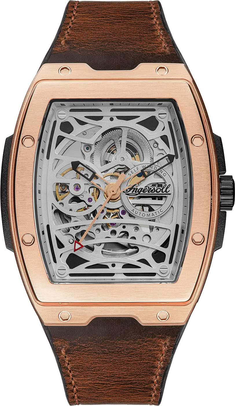 Reloj de hombre con correa de cuero marrón y esfera esqueleto abierta, bisel en oro rosa