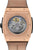 Reloj de hombre con correa de cuero marrón, movimiento automático visible en caja de oro rosa