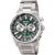Reloj cronógrafo para hombre con correa de acero inoxidable plateada, esfera verde y totalizadores de cronógrafo