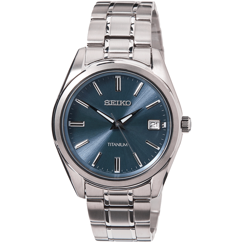 Reloj Titan con esfera azul, brazalete de eslabones metálicos y visualización de fecha a las 21