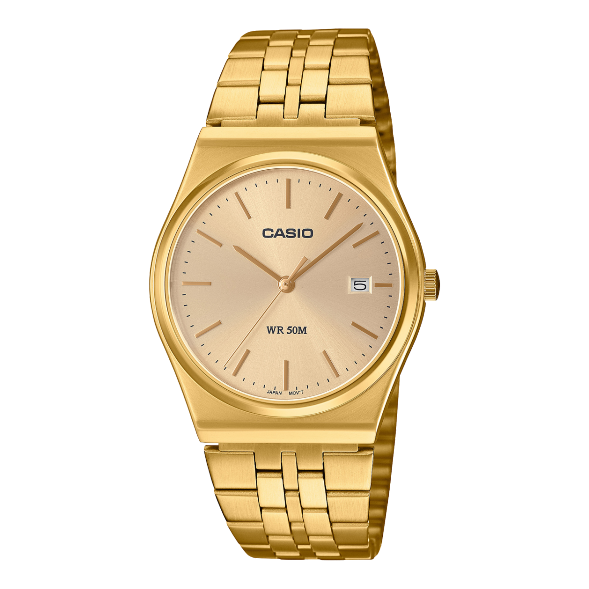 Casio Herrenarmbanduhr mit goldfarbenem Metallband, beigem Zifferblatt und Datumsfenster