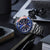 Pulsera de hombre con esfera azul, cronógrafo, correa de acero inoxidable y corona