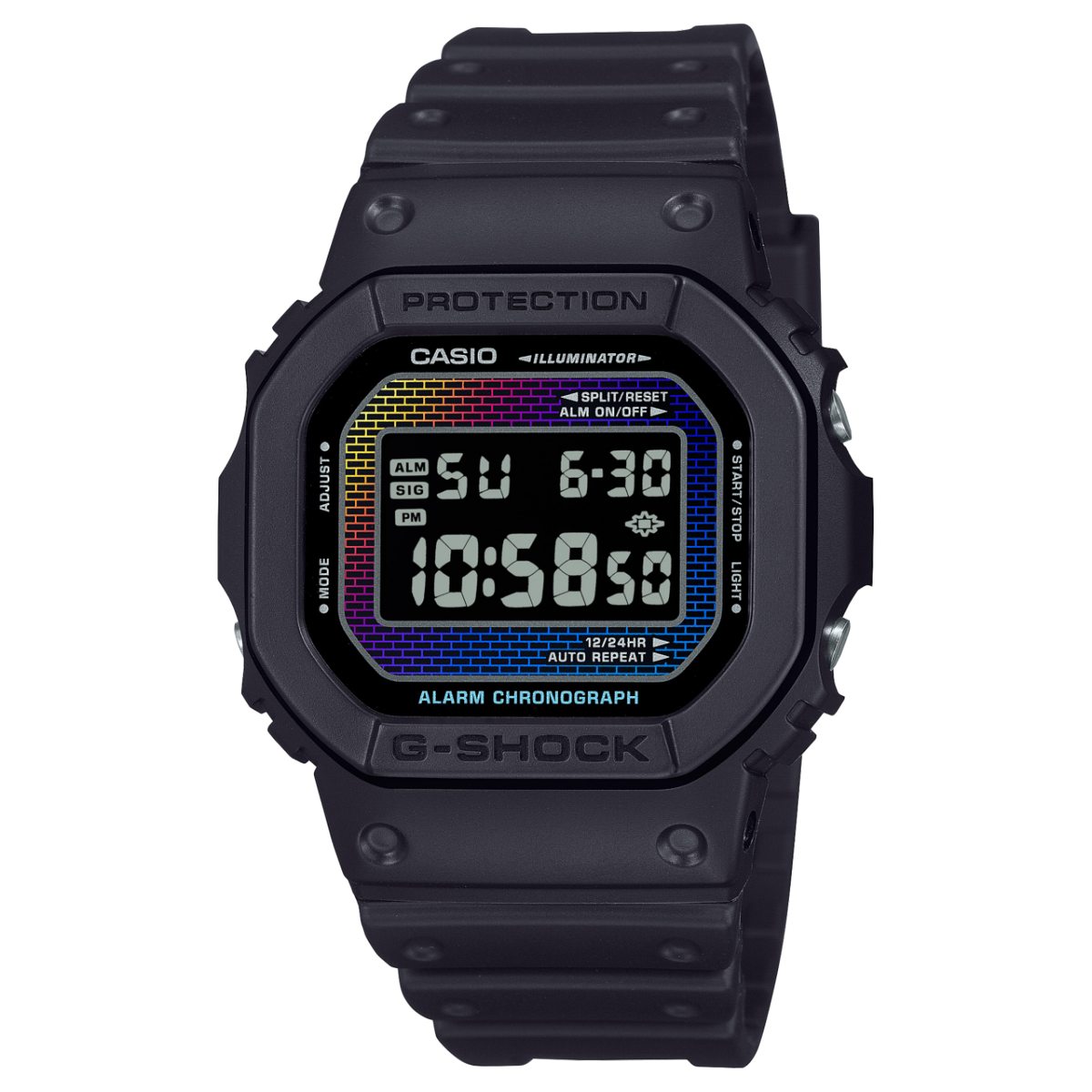 Casio G‑SHOCK Digitaluhr, schwarzes Gehäuse mit Regenbogen-LED-Anzeige und Datum