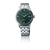 Reloj de hombre con esfera verde, manecillas doradas y correa de acero inoxidable