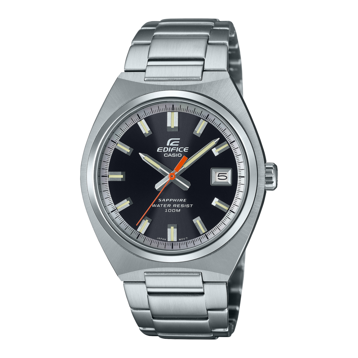 Casio Edifice Herrenarmbanduhr mit Stahlarmband, schwarzem Zifferblatt, Indexen und Datum