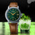 Reloj automático para hombre con esfera verde y correa de cuero marrón, bisel plateado