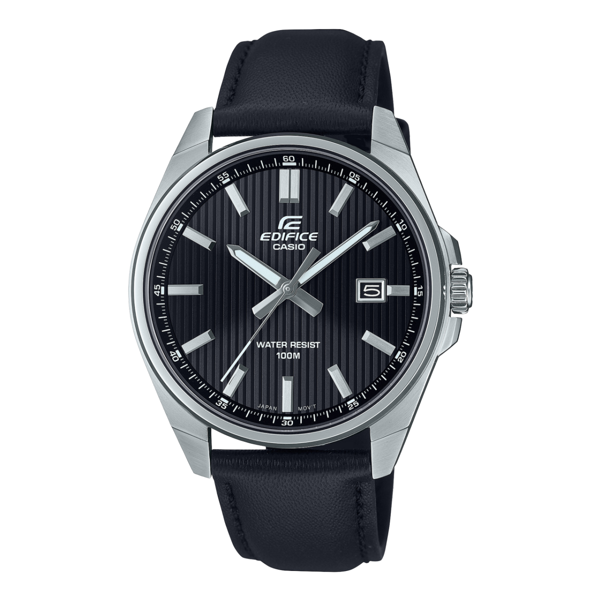 Casio Edifice Damenarmbanduhr mit schwarzem Lederband, schwarzem Zifferblatt und Indexen