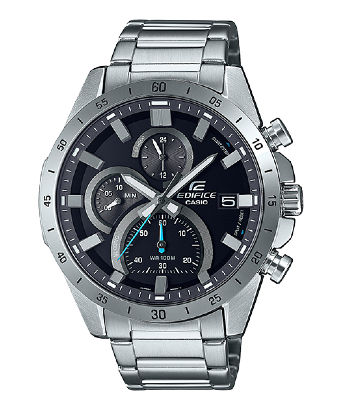 Chronograph-Herrenuhr mit Edelstahlband, schwarzem Zifferblatt und blauen Details