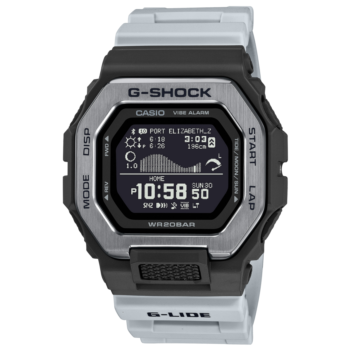 Casio G-Shock Herrenarmbanduhr mit grauem Kautschukband und rundem Displaygehäuse.