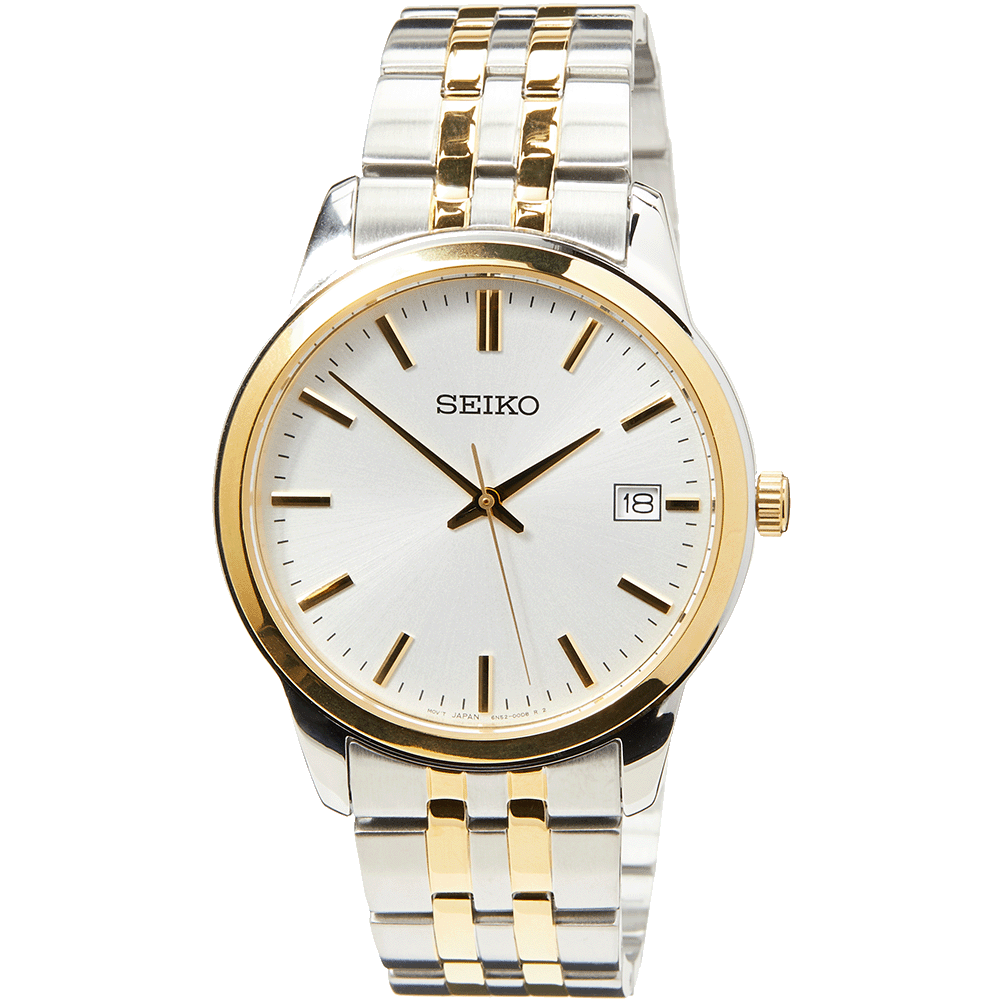 Reloj de pulsera para hombre con esfera blanca, agujas doradas y correa de acero en oro y plata