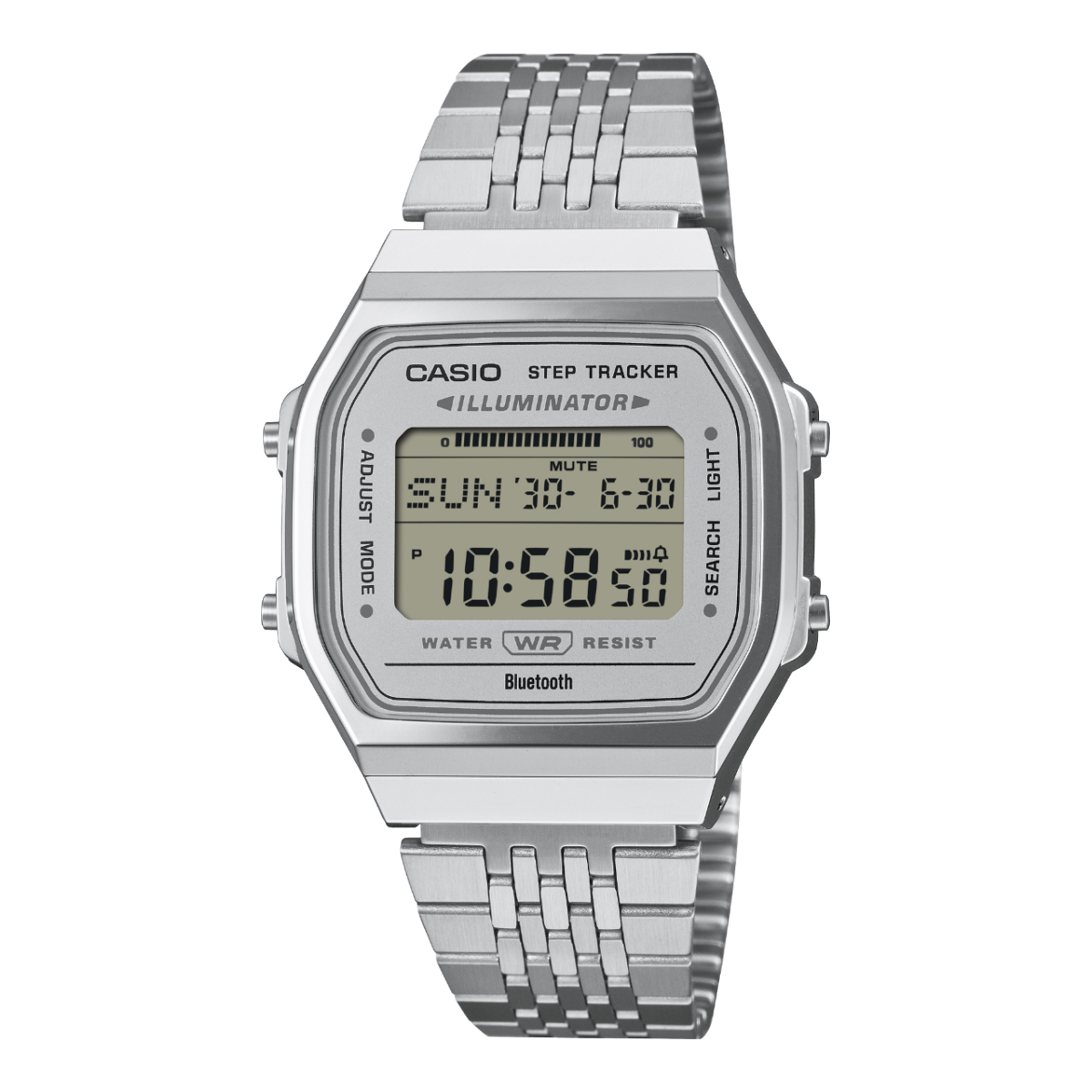 Casio Vintage Armbanduhr mit Metallband, rechteckigem Digitaldisplay und Step-Tracker