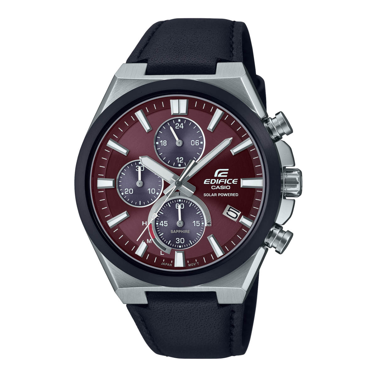 Casio Edifice Herrenuhr mit dunkelrotem Zifferblatt, Chronograph und Lederarmband