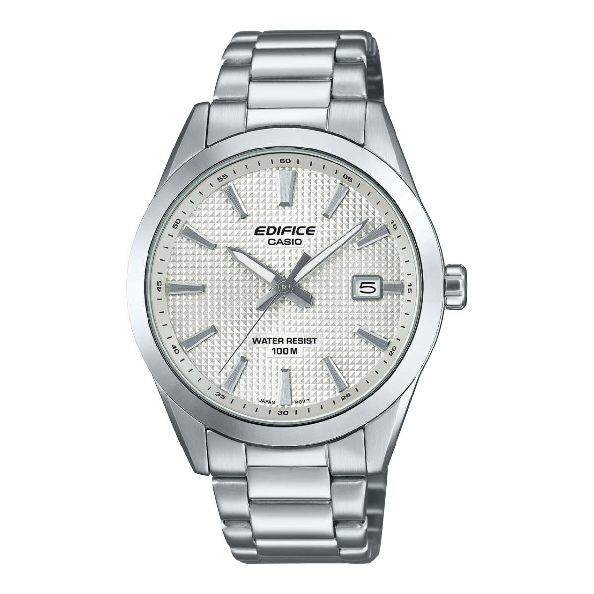 Casio Edifice Herrenarmbanduhr mit silbernem Metallband, hellem Zifferblatt, Datumsanzeige