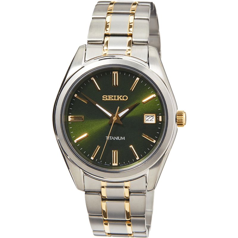 Reloj de hombre de titanio con esfera verde, brazalete de metal bicolor y cristal de zafiro