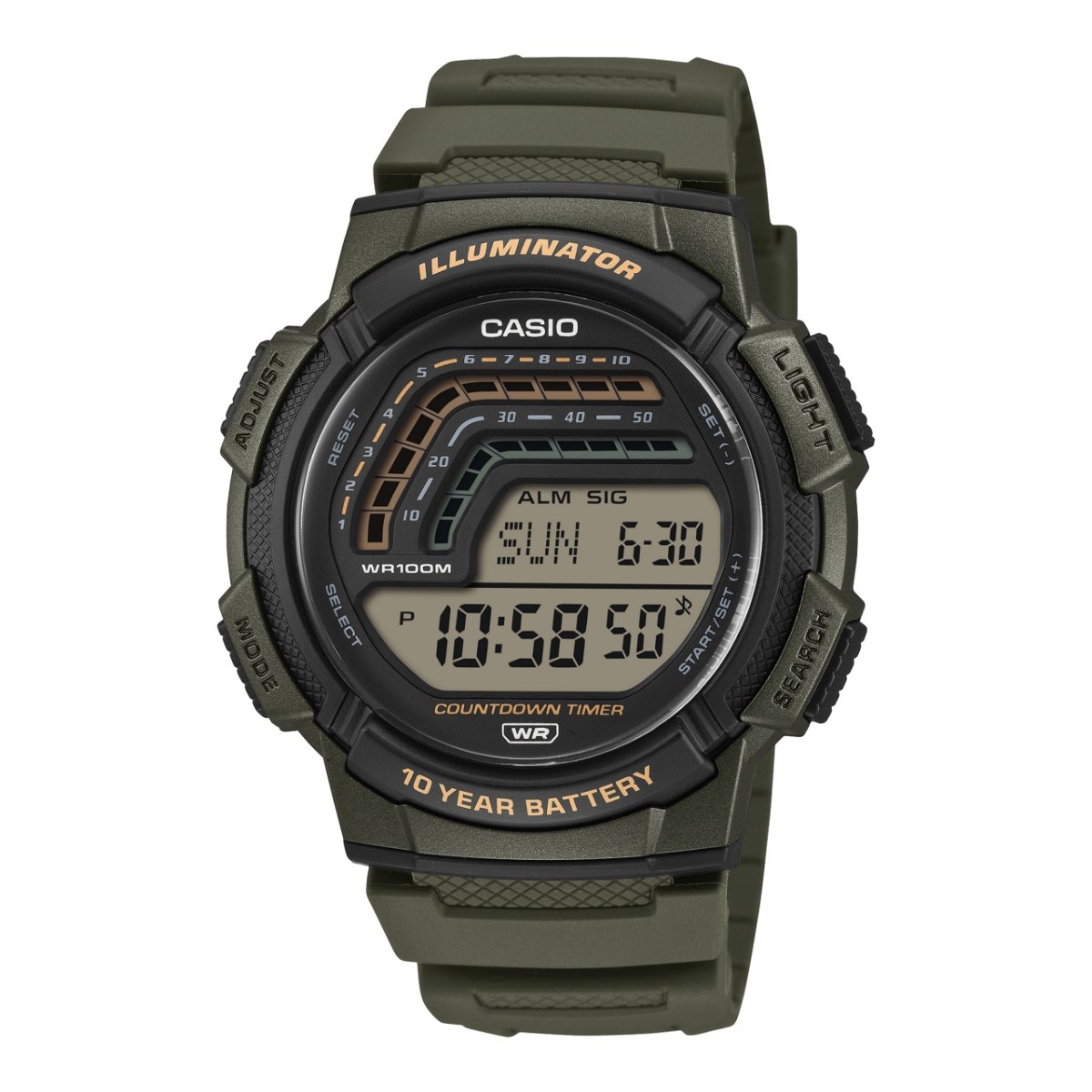 Casio WS-1800-3AVEF Timeless Herren Digitaluhr Khaki • 10-Bar-Wasserschutz • 10-Jahre-Batterie