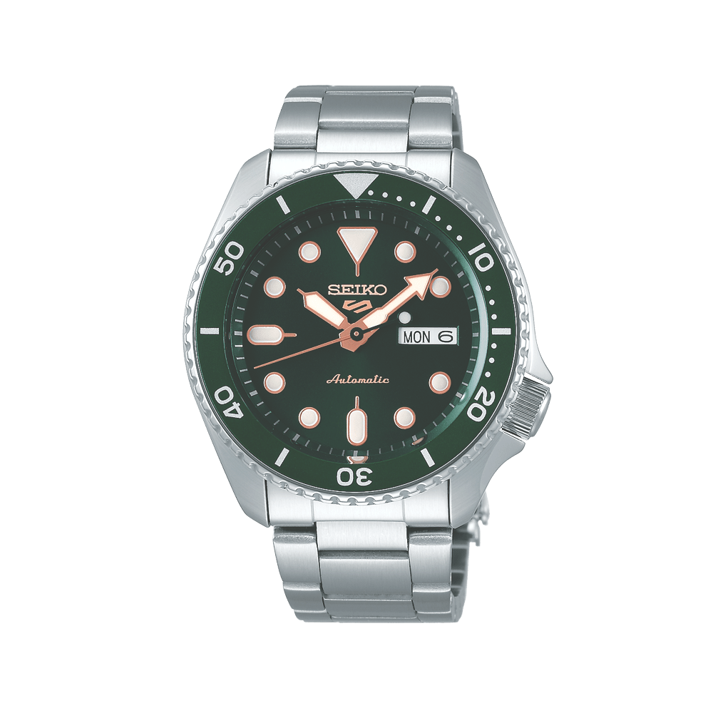 Reloj de hombre con esfera verde, indicador de fecha y brazalete de acero inoxidable, automático