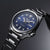 Pulsera para hombre con esfera azul, brazalete de acero inoxidable plateado y corona