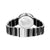 Vista trasera de reloj de mujer con pulsera de cerámica en negro y plata, caja redonda