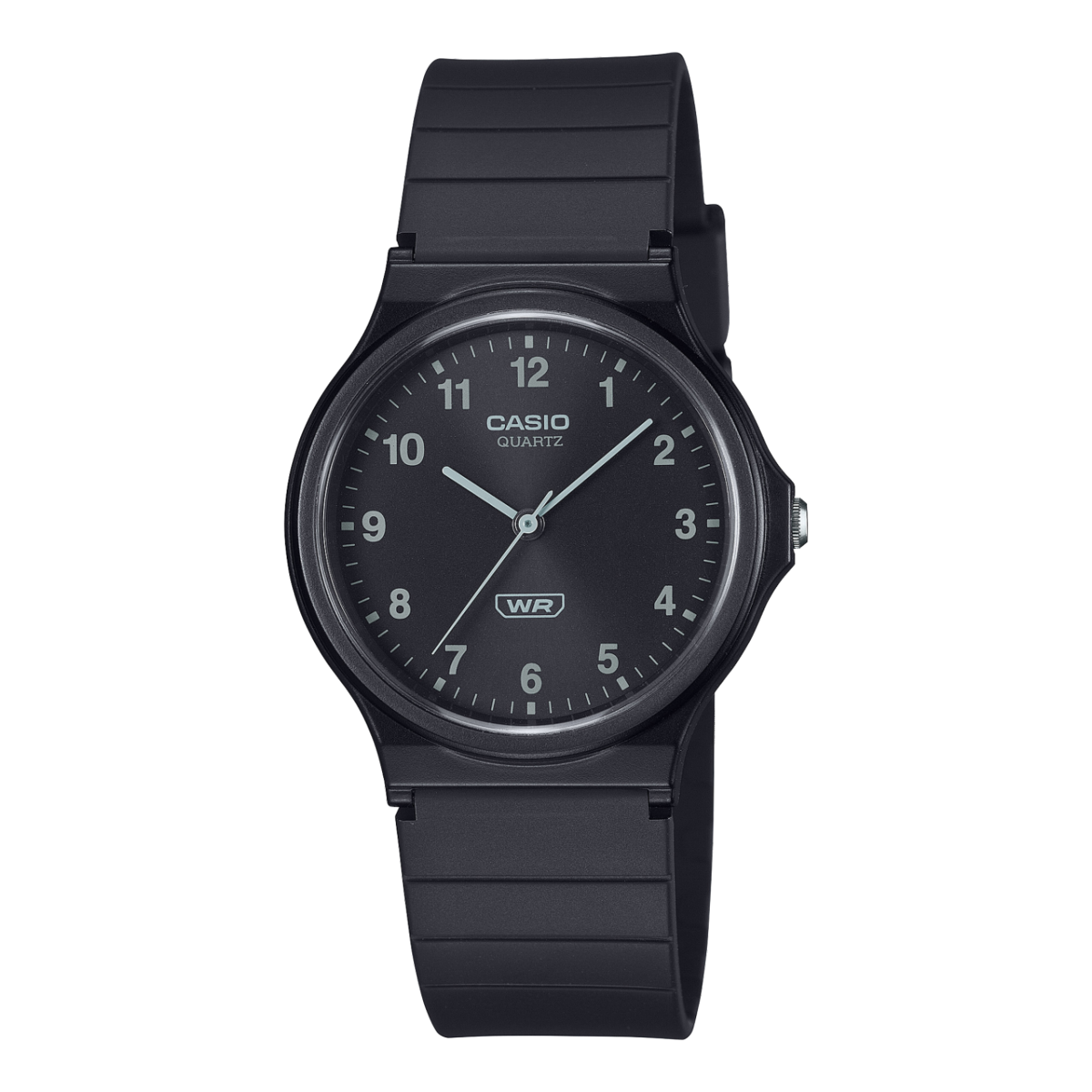Casio Herrenuhr: schwarzes Zifferblatt, schwarzes Bioharzband, klare Ziffern