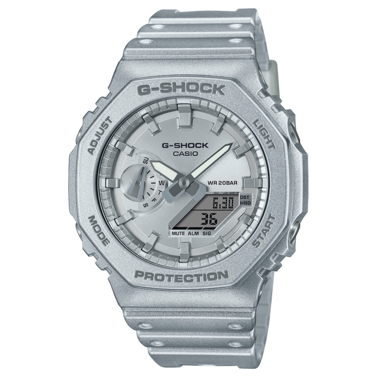 Casio G-Shock GA-2100 Herrenuhr silbermetallic, analoges Zifferblatt mit Digitalanzeige