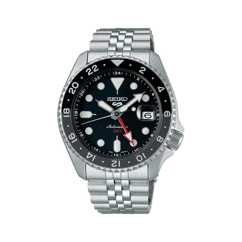 Reloj Seiko para hombre con correa de acero inoxidable plateada y esfera negra, indicador GMT