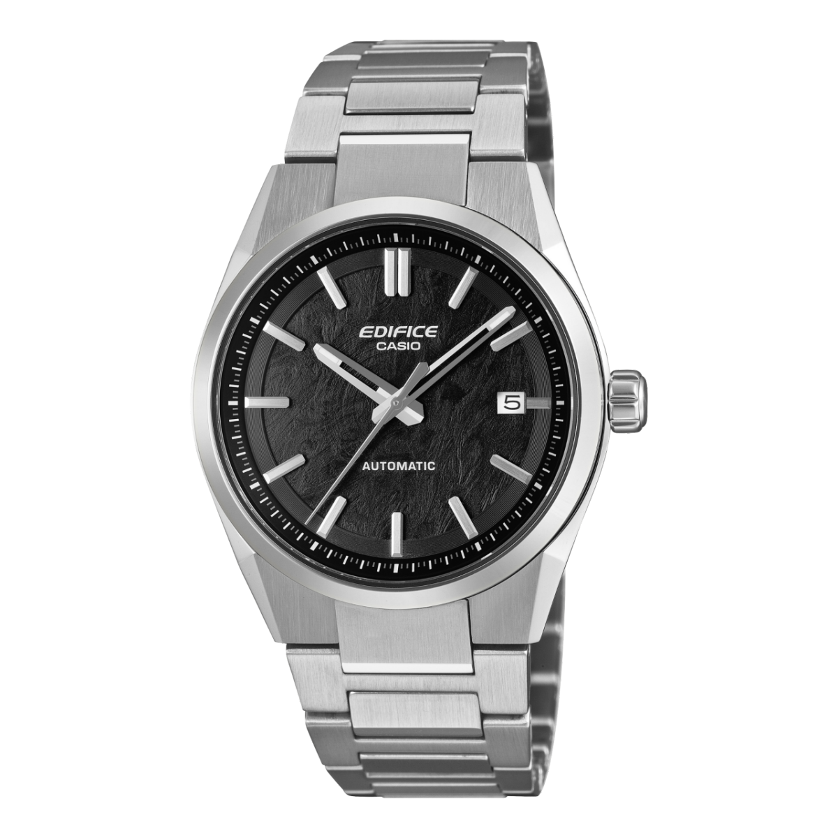 Casio Edifice Herrenuhr mit Metallarmband, schwarzem Zifferblatt und Automatikanzeige