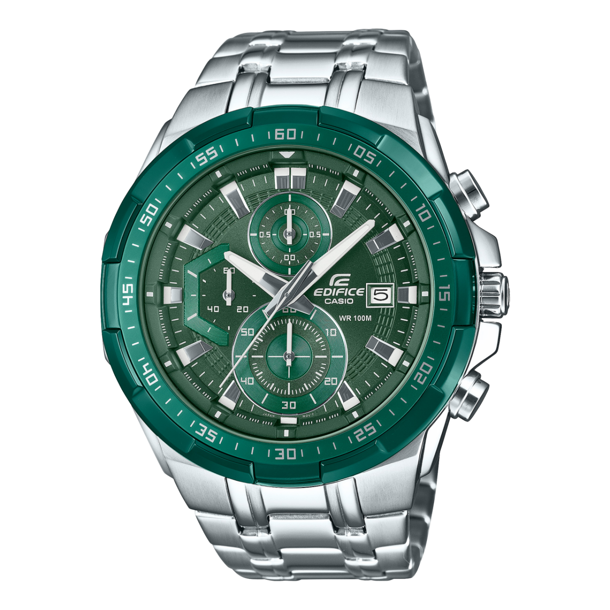 Edifice Herrenuhr Chronograph: grünes Zifferblatt, Edelstahlband.