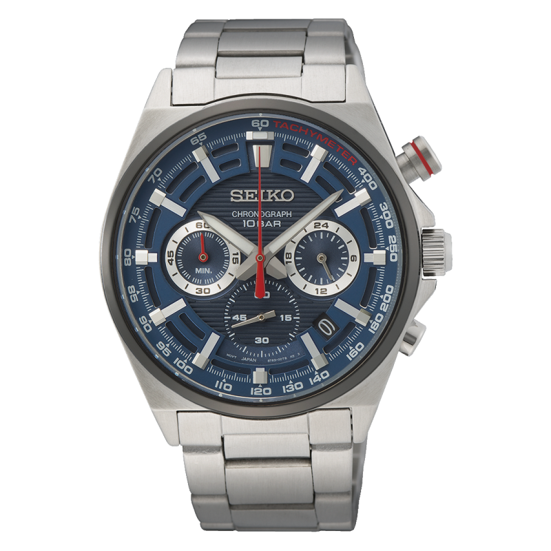 Reloj de hombre con esfera azul, diseño de cronógrafo y escala taquimétrica, correa de acero inoxidable