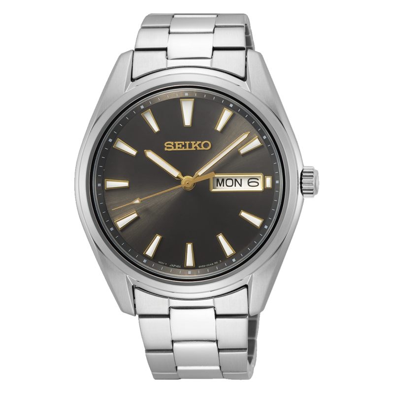 Reloj de pulsera para hombre: correa de metal plateado, esfera negra y agujas doradas