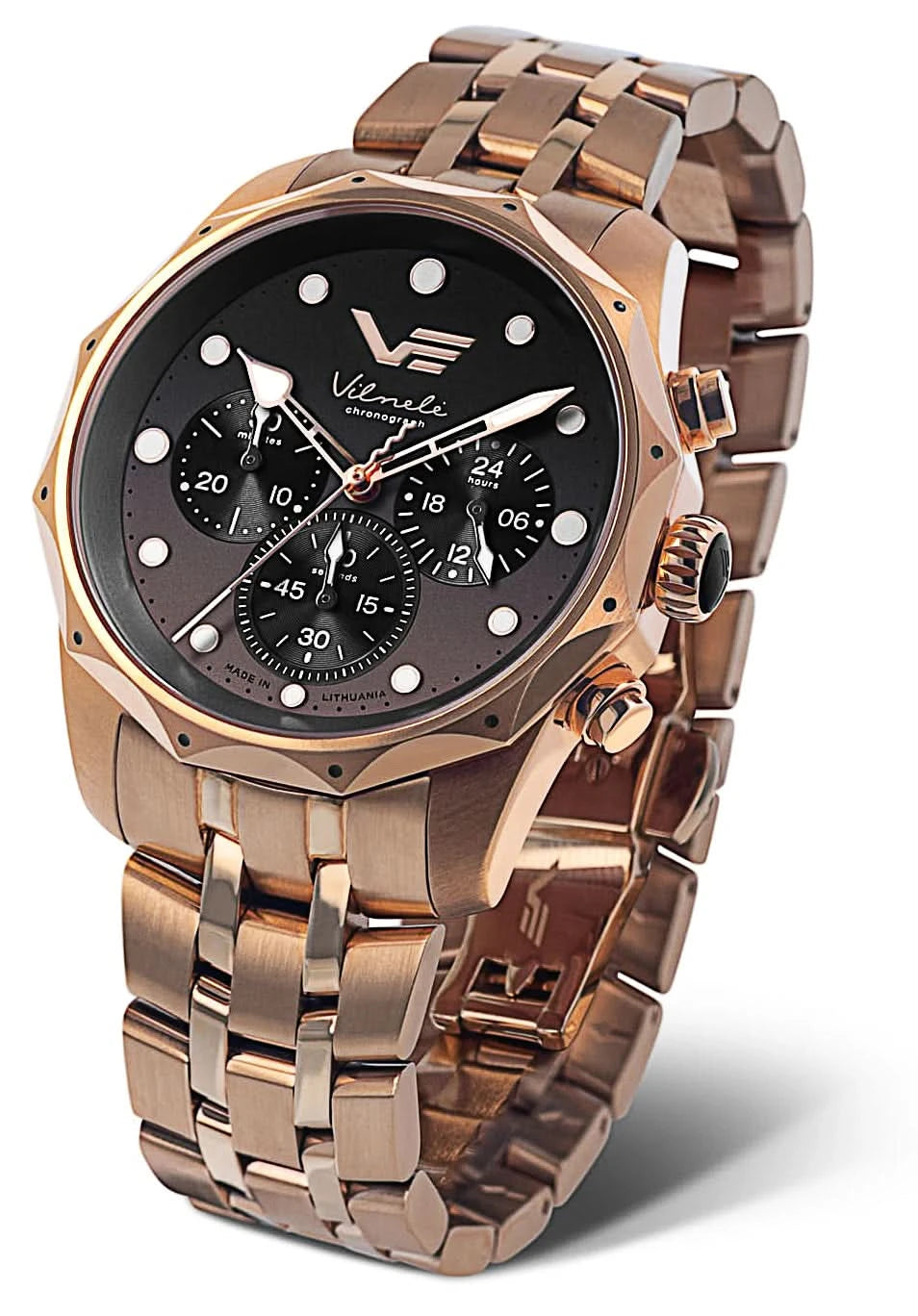 Reloj Vostok Europe para mujer con esfera negra de cronógrafo y correa de acero inoxidable dorada