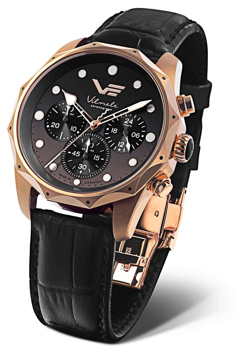 "Reloj de mujer con esfera negra, bisel en tono oro rosa y correa de piel"