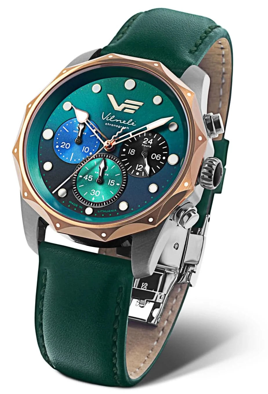 Reloj Vostok Europe para mujer con correa de cuero verde y esfera azul verdosa, cristal de zafiro