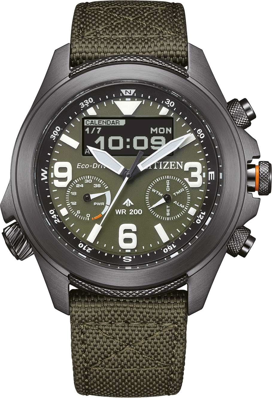 Pulsera de hombre con correa de tela verde oliva y esfera negra