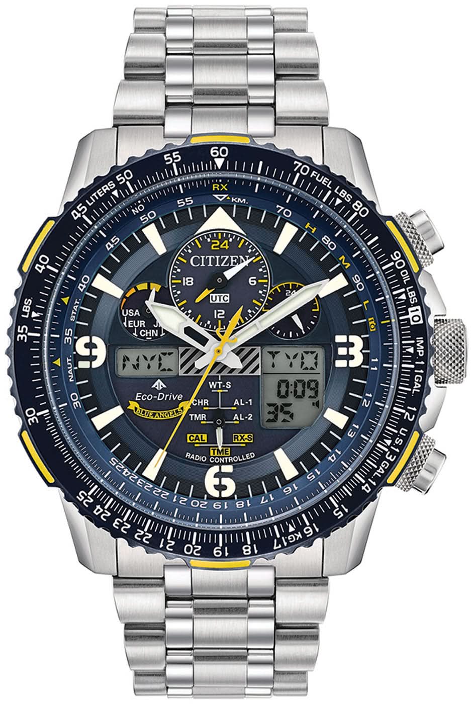 Reloj de hombre con esfera azul, aspecto de cronógrafo y correa plateada de acero inoxidable