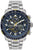 Reloj de hombre con esfera azul, aspecto de cronógrafo y correa plateada de acero inoxidable