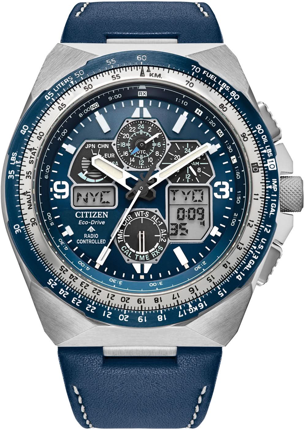 Reloj Citizen Promaster Skyhawk para hombre, correa de cuero azul, caja de acero inoxidable, esfera azul