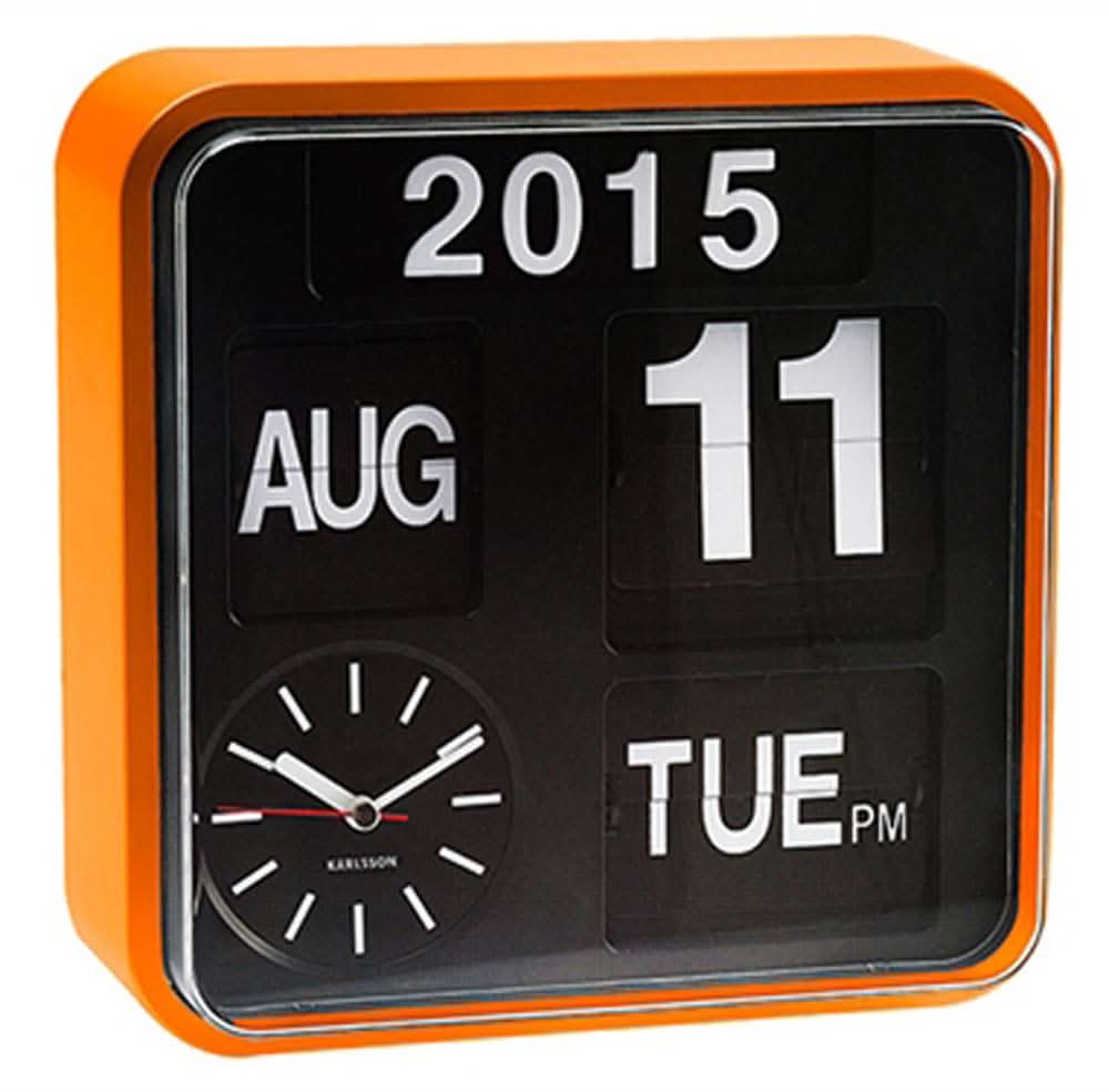 "Reloj de pared con marco naranja, calendario de volteo negro y visualización de hora"
