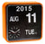 "Reloj de pared con marco naranja, calendario de volteo negro y visualización de hora"