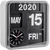 Reloj de pared con esfera analógica y campos de fecha digitales: 2020, Mayo, 15 AM
