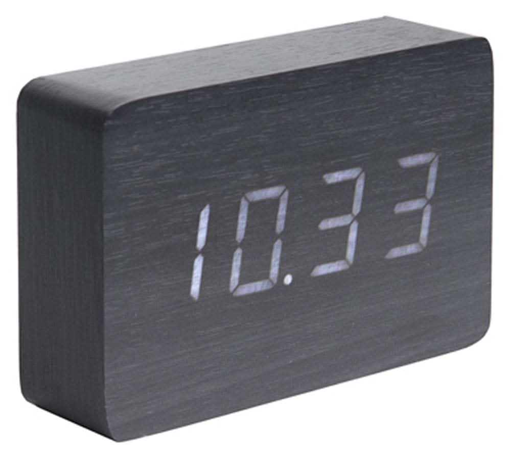 Despertador digital con aspecto de madera, carcasa rectangular, pantalla 10:13