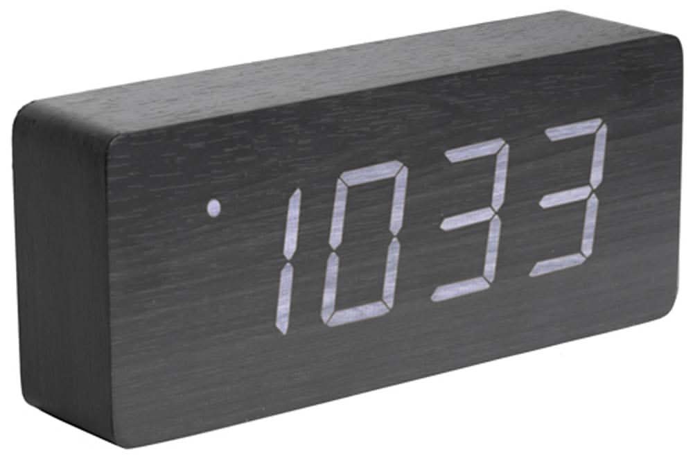 Despertador digital con carcasa de madera y dígitos LED, muestra las 10:33.