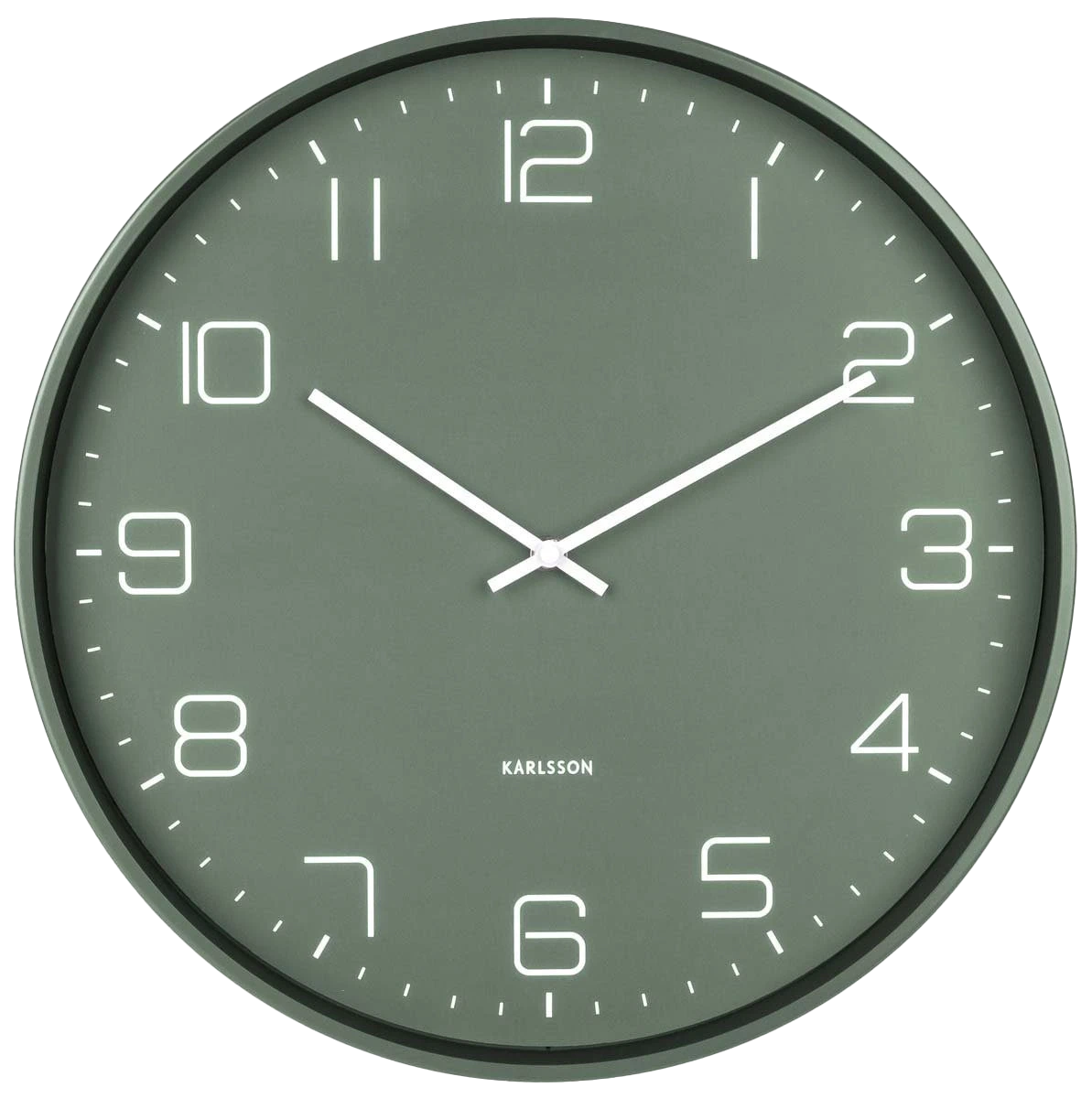 Reloj de pared redondo con esfera verde oscuro, índices blancos y borde negro