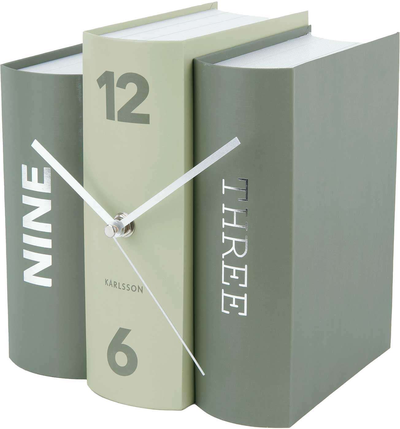 Reloj de mesa con forma de libro en cartón, color verde menta, con números 12 y 6 y manecillas.