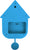 Parte trasera del reloj de pared azul con forma de casa de plástico con colgador