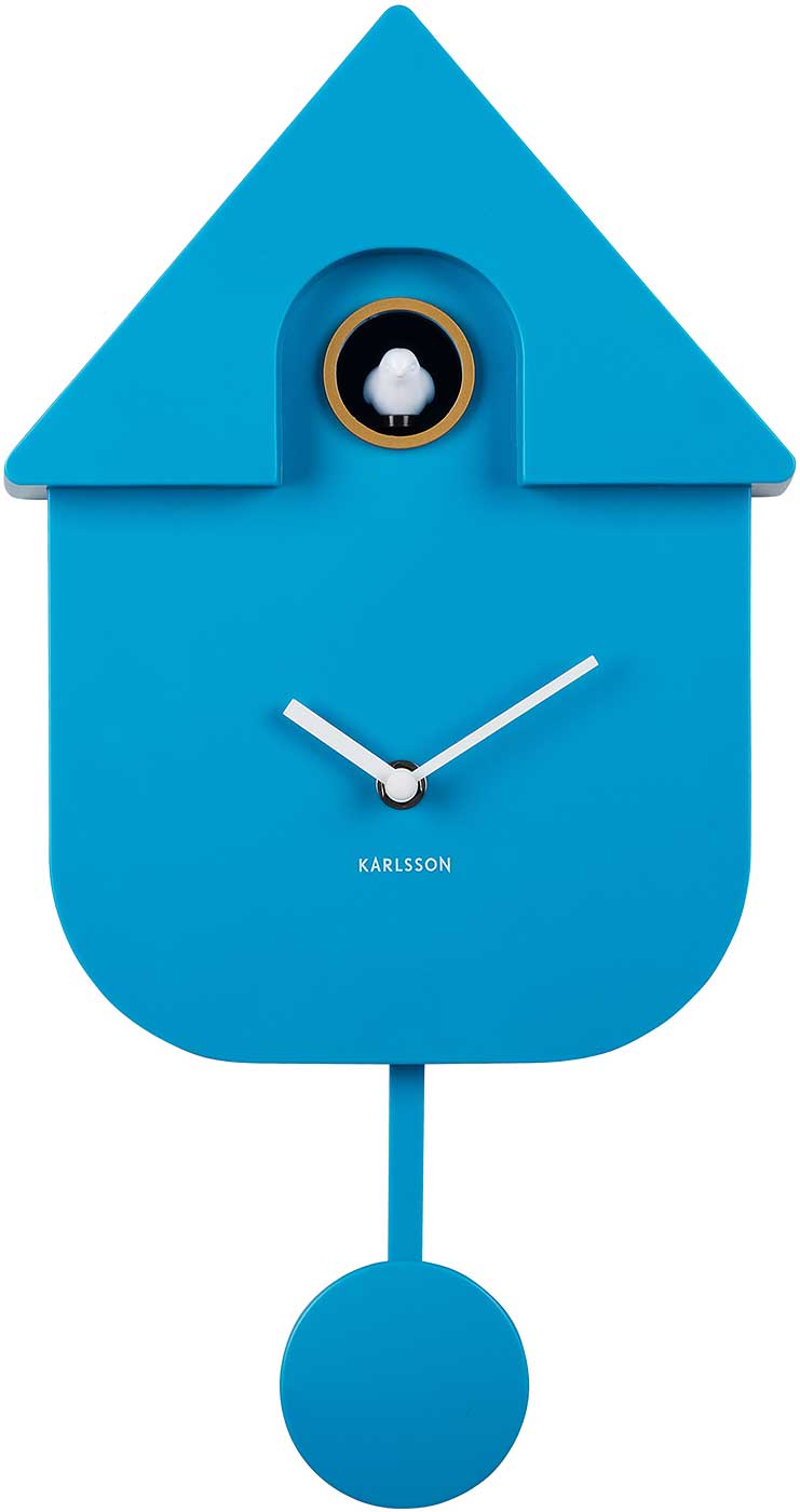 Reloj de pared azul en forma de casa de plástico con dos manecillas y péndulo redondo abajo