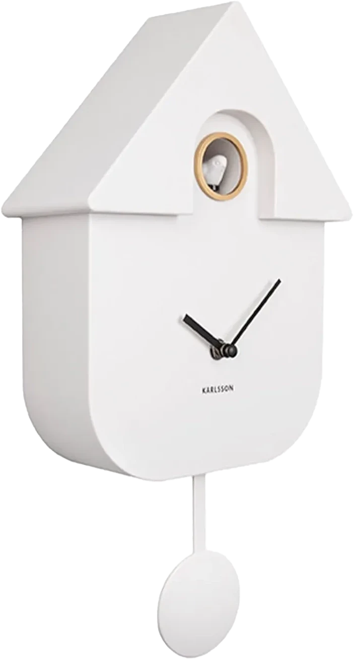 Reloj de pared Karlsson con forma de casa, blanco, apertura dorada, manecillas y péndulo