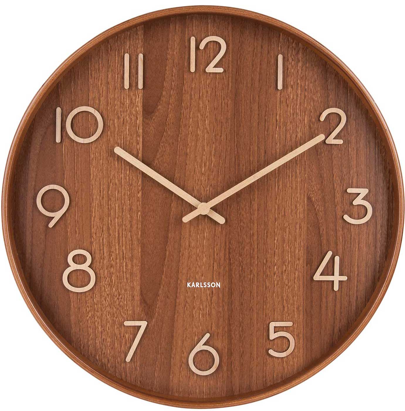 Reloj de pared redondo de madera, esfera marrón con índices y manecillas blancas