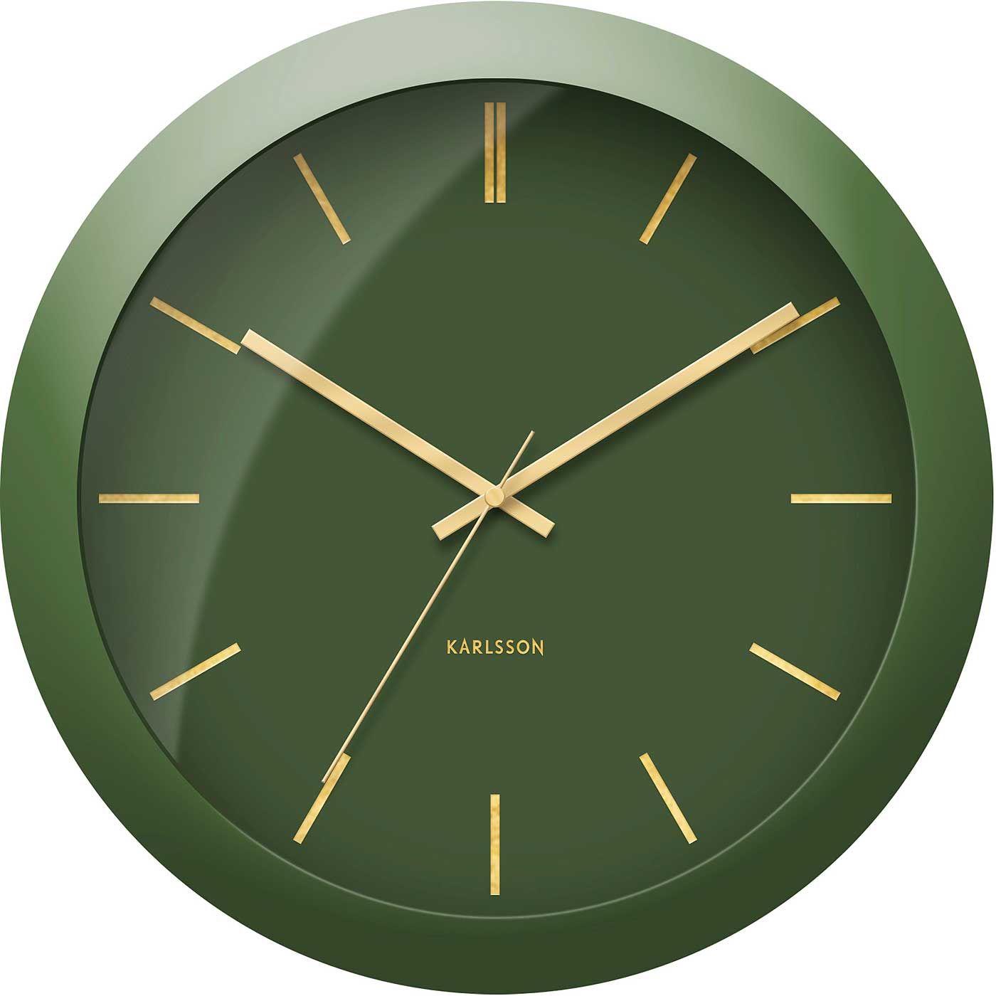 Reloj de pared con esfera verde oscuro, manecillas e índices dorados, KARLSSON