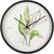 Reloj de pared con borde negro y diseño de hoja botánica verde, manecillas negras