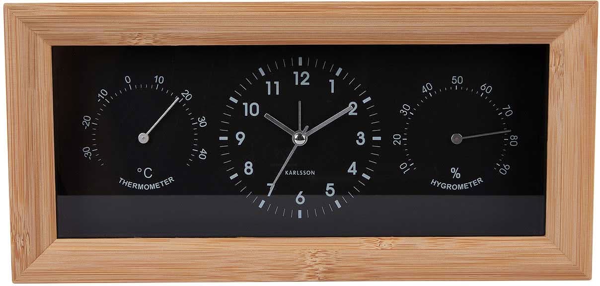 Reloj despertador analógico rectangular con marco de bambú, esfera negra y pantalla de termómetro e higrómetro